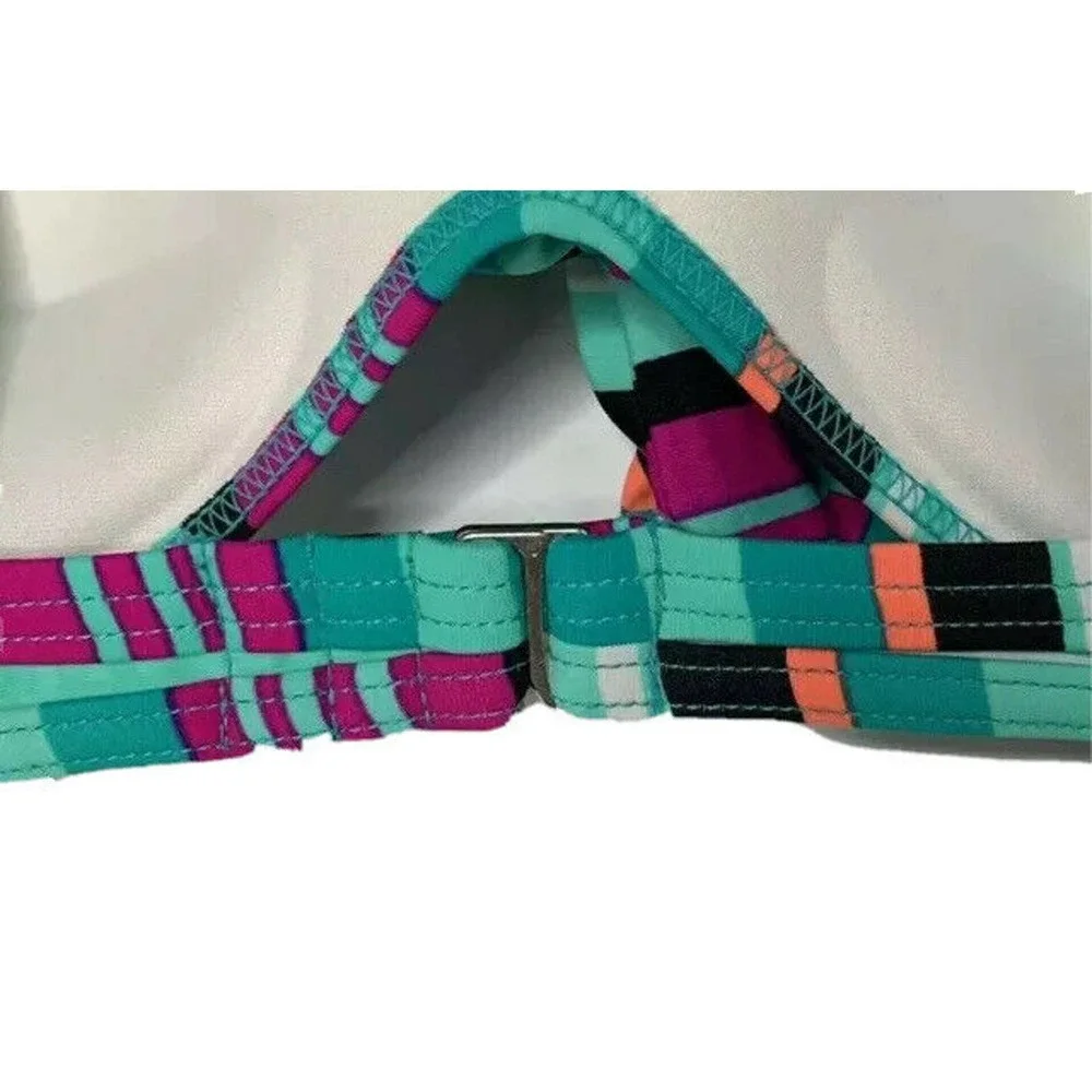 NEW Aqua Couture Turquoise Black Pink Stripe 2 Piece Push Up Bikini Swimsuit S M